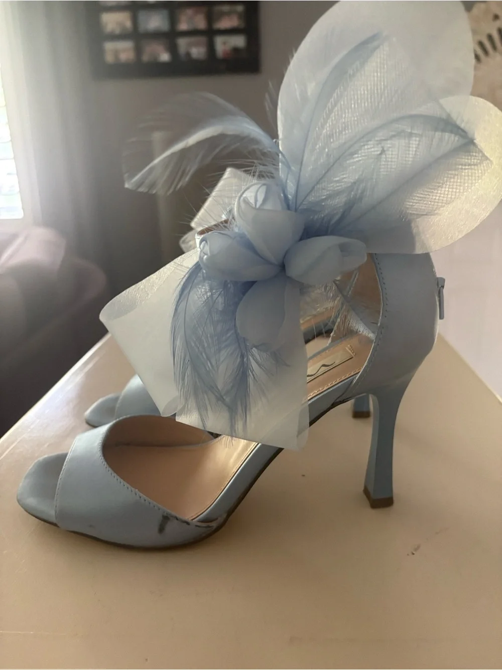 Nina Powder Blue Feather Flower High Heel Sandals